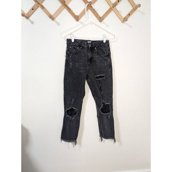 Topshop Straight Distressed Black Jeans - Size 28 - Picture 1 of 8